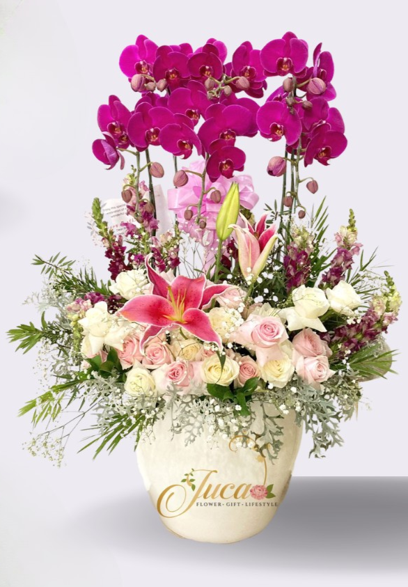 OC#26 – Anggrek Phalaenopsis 6 Tangkai Pink with Lily & Pink Roses