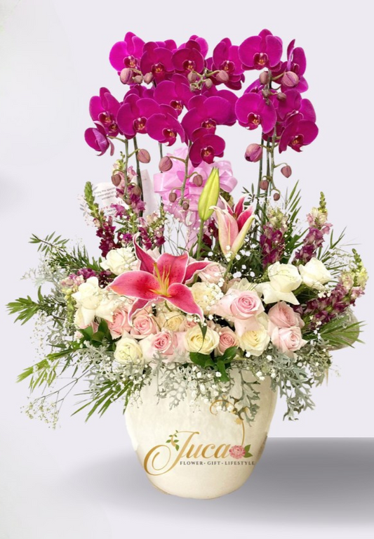 OC#26 – Anggrek Phalaenopsis 6 Tangkai Pink with Lily & Pink Roses
