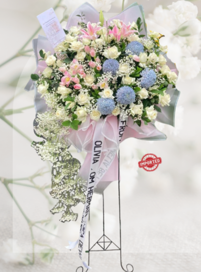 Sf#59 – Standing Flower Imported Tulip Hydrangea Mom Lily Roses Baby Breath
