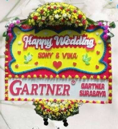Papan Bunga Happy Wedding Kuning Pink (Bp#23)