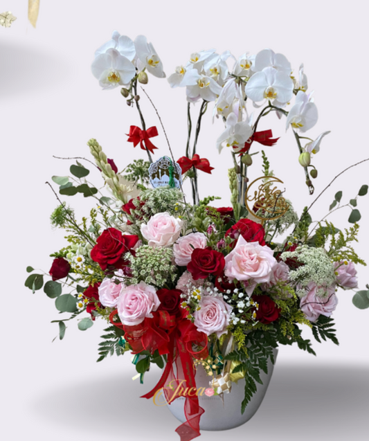 OC#21 – Anggrek Phalaenopsis 4 Tangkai Putih with Red & Pink Roses