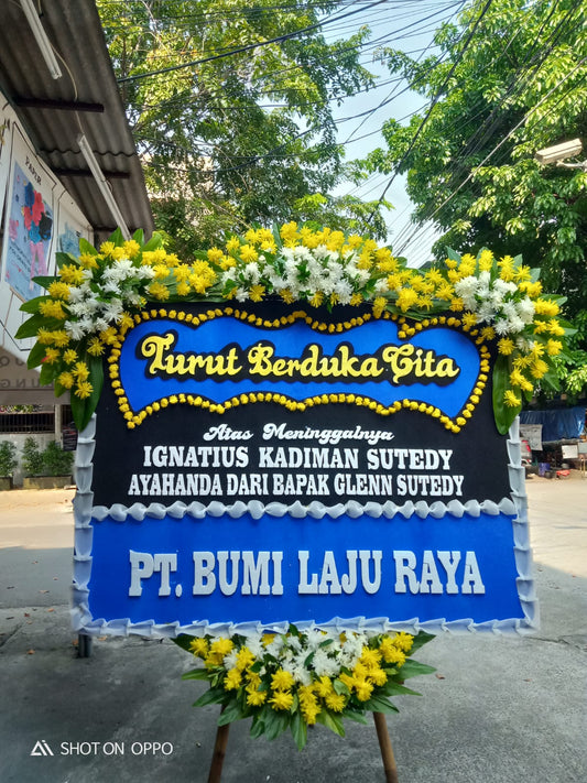 Papan Bunga Turut Berduka Cita Biru Kuning