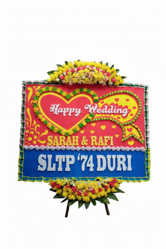 Papan bunga happy wedding merah meriah dengan background putih bersih