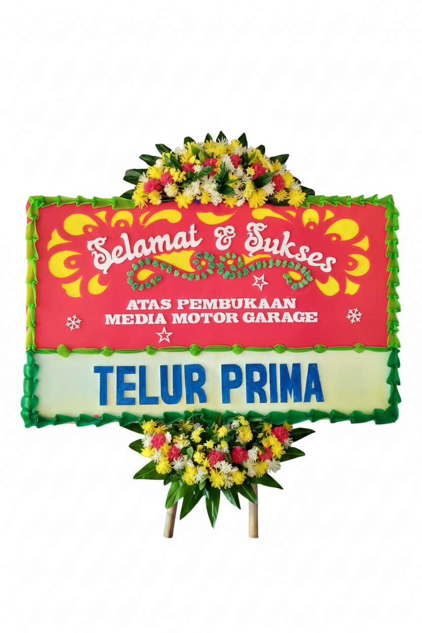 Papan bunga Selamat & Sukses Atas Pembukaan dengan latar belakang putih dan pencahayaan studio