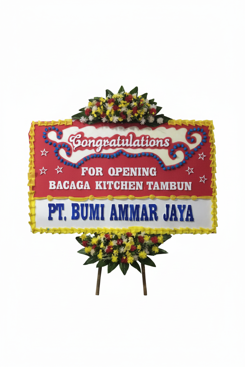 Papan bunga congratulations for opening dengan latar belakang putih dan pencahayaan studio
